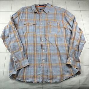 Alan Flusser Shirt Men XL Blue Orange Plaid Linen Blend Button Up Roll Up Sleeve